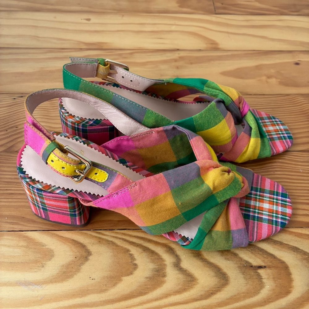 J. Crew Twisted Knot Penny Plaid Chunky Heeled Sandals Size 6 - Picture 3 of 9